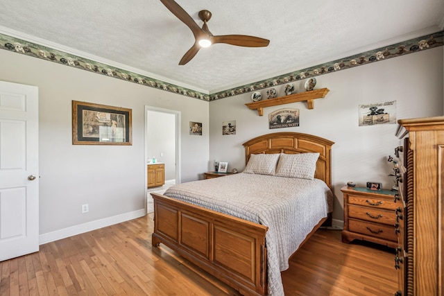 bedroom featuring a textured ceiling, connected bathroom, light wood-style flooring, baseboards, and a ceiling fan
