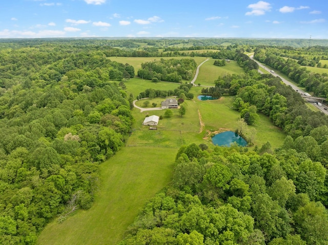 birds eye view of property featuring a water view and a view of trees