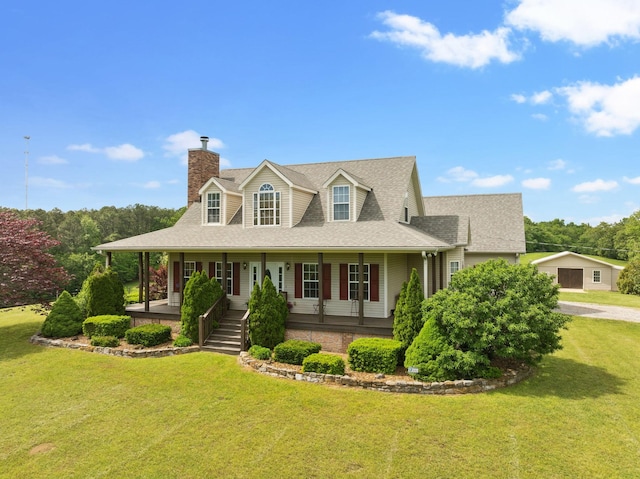 view of front of house featuring covered porch, a shingled roof, a chimney, and a front lawn
