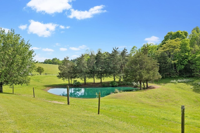 view of home's community with a water view and a lawn