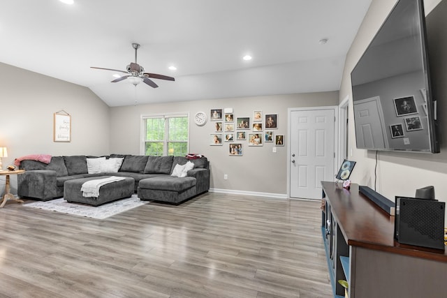 1356 Sayles Cir, Lawrenceburg, TN 38464 - living area featuring recessed lighting, light wood-style floors, ceiling fan, vaulted ceiling, and baseboards