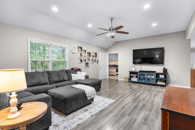 1356 Sayles Cir, Lawrenceburg, TN 38464 - living room with recessed lighting, a ceiling fan, vaulted ceiling, and wood finished floors