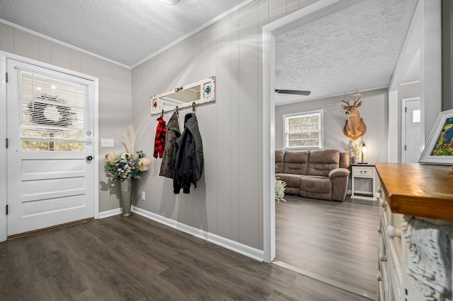 interior space featuring ornamental molding, dark wood-style floors, a textured ceiling, and baseboards