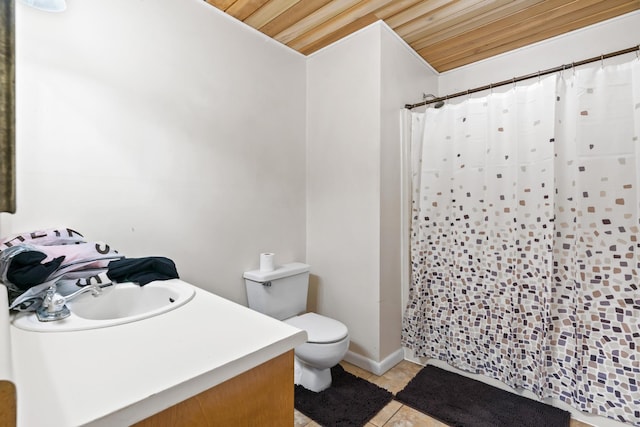 31449 Valley Ln, Prospect, TN 38477 - full bathroom with tile patterned flooring, wood ceiling, a shower with shower curtain, toilet, and vanity