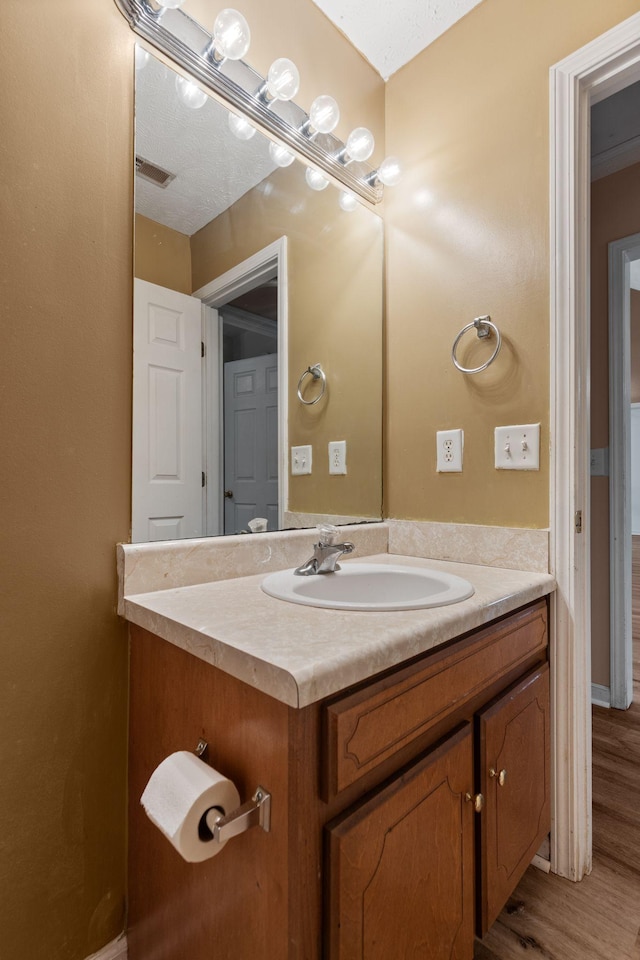 bathroom with wood finished floors, visible vents, and vanity