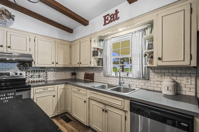 kitchen with under cabinet range hood, open shelves, appliances with stainless steel finishes, and a sink