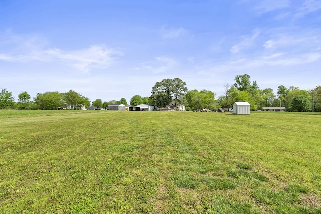 view of yard with an outdoor structure and a storage shed
