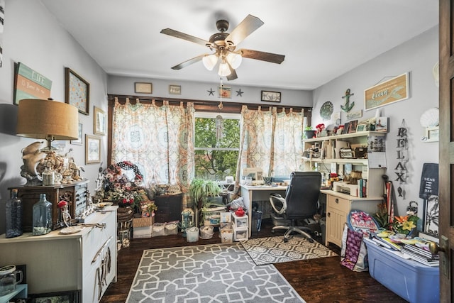 home office featuring ceiling fan and dark wood-style flooring