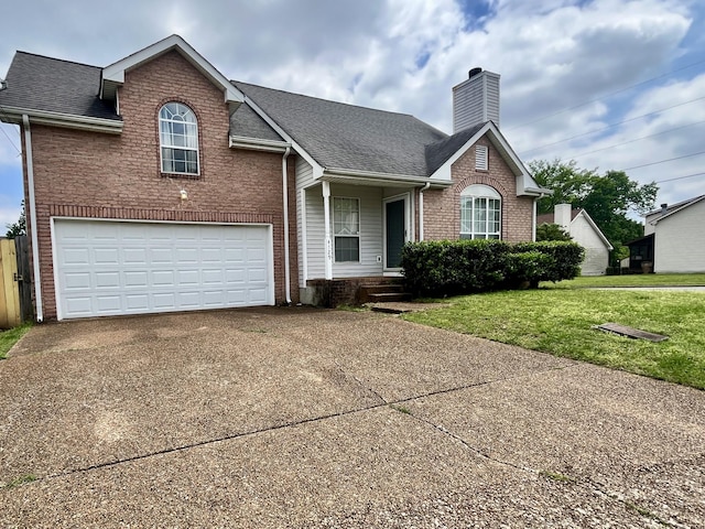 view of front of property with a chimney, concrete driveway, a shingled roof, and brick siding