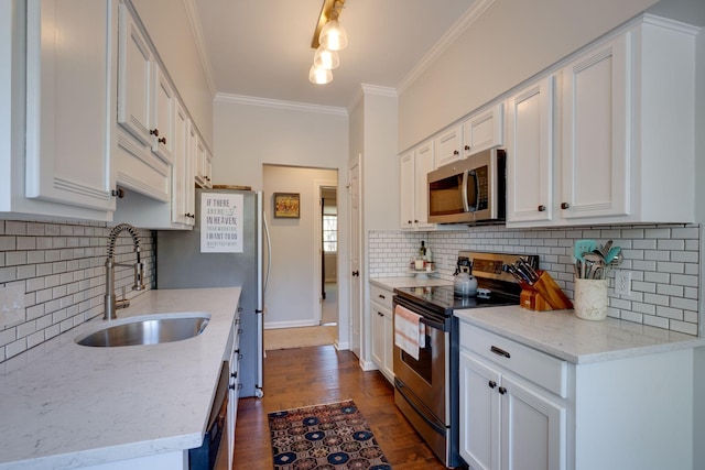231 Westchase Dr, Nashville, TN 37205 - kitchen with tasteful backsplash, stainless steel appliances, ornamental molding, and a sink