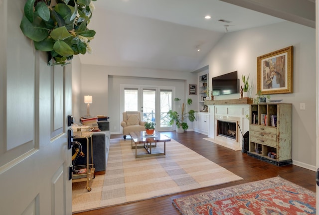 231 Westchase Dr, Nashville, TN 37205 - living area featuring recessed lighting, lofted ceiling, visible vents, a high end fireplace, and wood finished floors