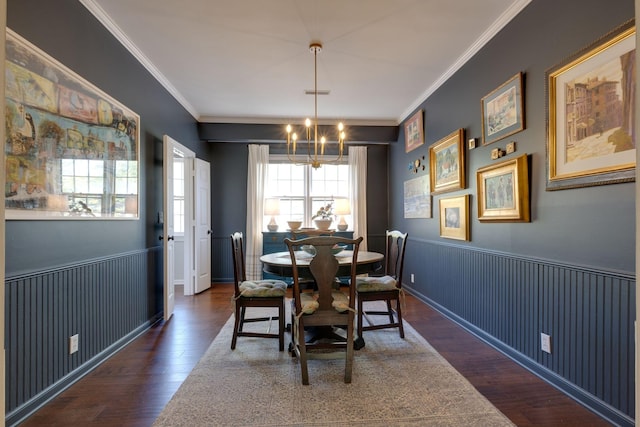 231 Westchase Dr, Nashville, TN 37205 - dining area with a chandelier, crown molding, visible vents, wainscoting, and wood finished floors