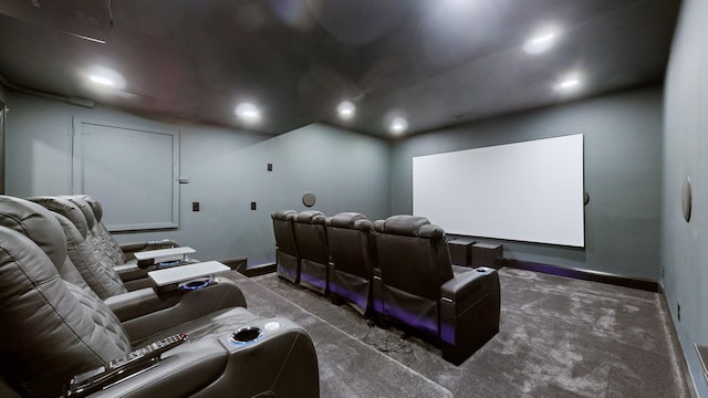 cinema room featuring baseboards, recessed lighting, and carpet flooring