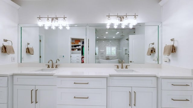 bathroom featuring a stall shower, double vanity, and a sink