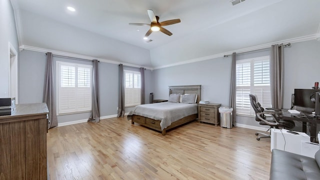 bedroom featuring light wood-style floors, ornamental molding, ceiling fan, baseboards, and visible vents