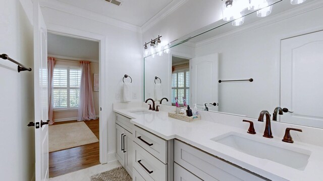 full bathroom with a healthy amount of sunlight, crown molding, and a sink