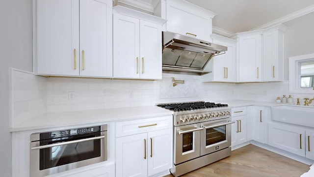 kitchen featuring tasteful backsplash, under cabinet range hood, appliances with stainless steel finishes, white cabinets, and crown molding