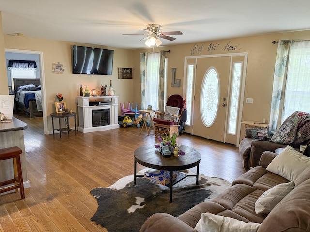 living room with a ceiling fan, wood finished floors, and a healthy amount of sunlight