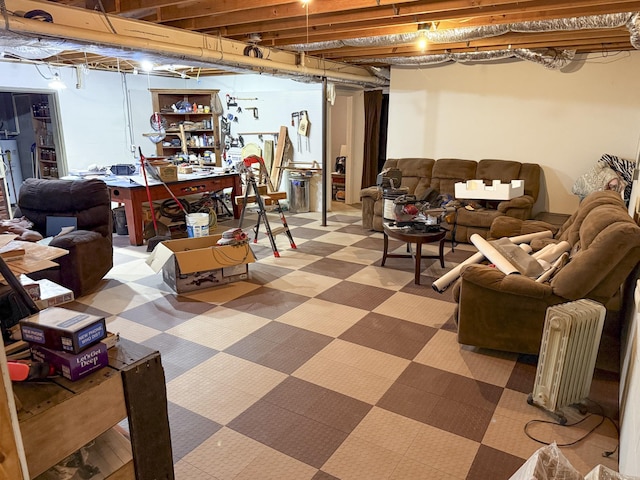 below grade area with radiator heating unit