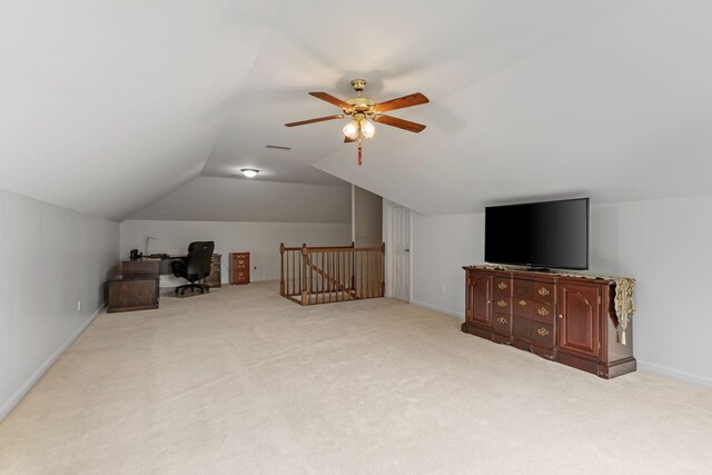 bonus room featuring carpet floors, ceiling fan, vaulted ceiling, and visible vents