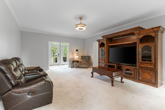 carpeted living area featuring crown molding and baseboards
