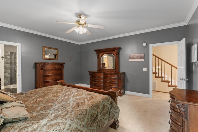 bedroom featuring crown molding, baseboards, light carpet, and visible vents