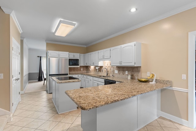kitchen with ornamental molding, a peninsula, a center island, light stone counters, and black appliances