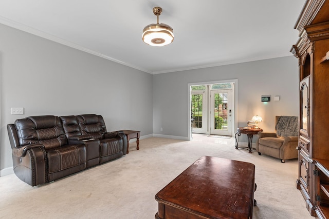 living room with light colored carpet, baseboards, and crown molding
