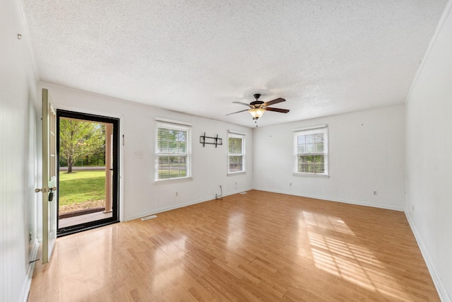 empty room with plenty of natural light, light wood finished floors, and a textured ceiling