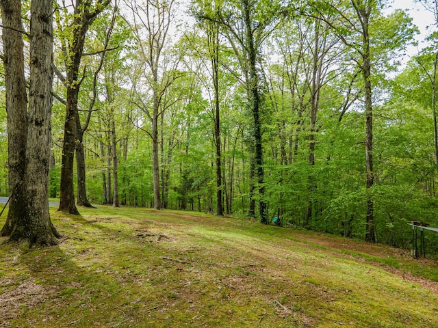 exterior space with a wooded view