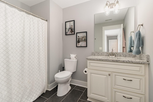 full bath with visible vents, vanity, toilet, baseboards, and tile patterned floors