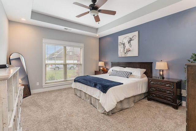 bedroom with carpet flooring, a ceiling fan, visible vents, and recessed lighting