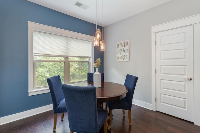 dining area featuring baseboards, visible vents, and dark wood finished floors