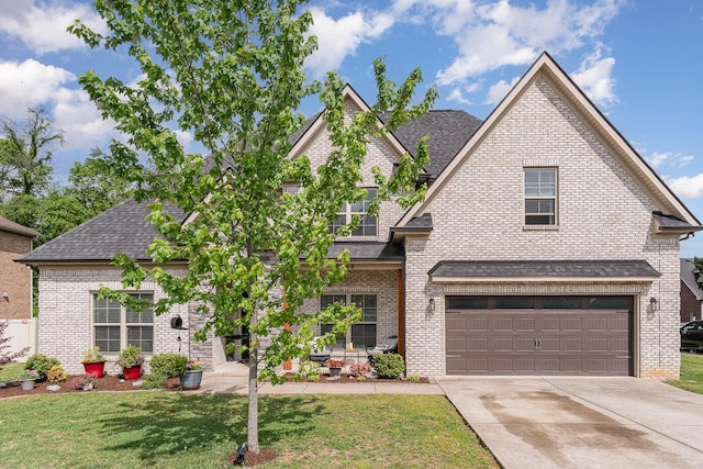 view of front facade featuring a shingled roof, driveway, and a front yard
