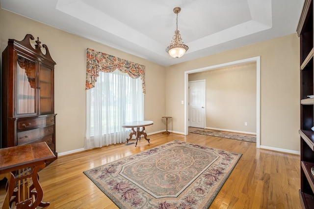 interior space featuring light wood-style floors, baseboards, and a tray ceiling