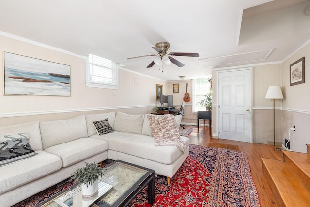 living room featuring a ceiling fan, plenty of natural light, wood finished floors, and attic access