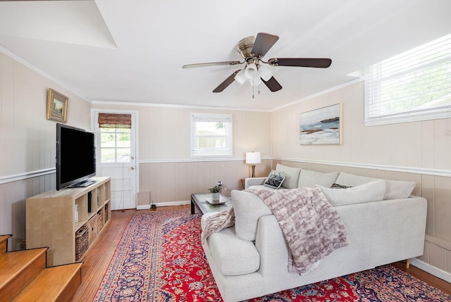 living room featuring crown molding, a ceiling fan, wood walls, and wood finished floors