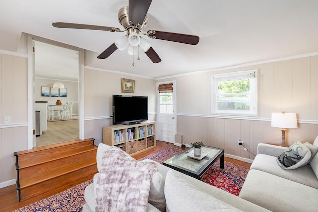 living area featuring ceiling fan, ornamental molding, and wood finished floors