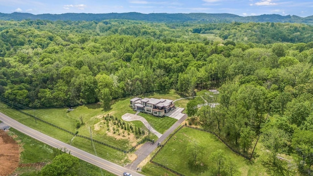 aerial view featuring a view of trees and a mountain view