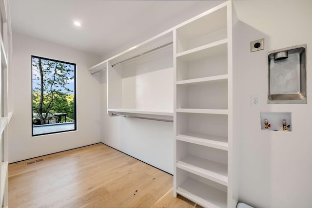 spacious closet featuring light wood-type flooring and visible vents