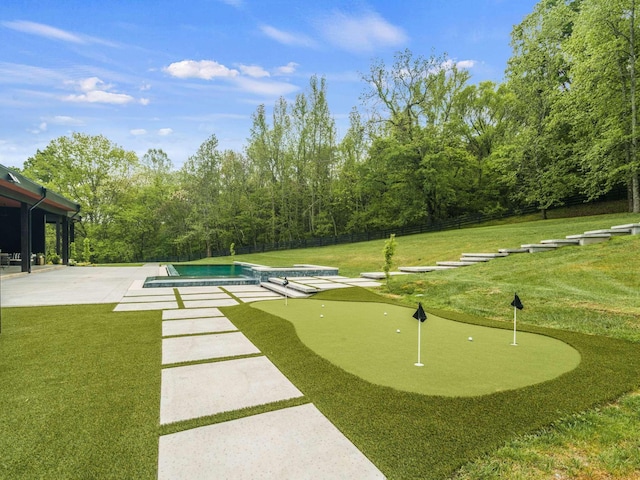 view of community featuring a swimming pool, a yard, and a patio area