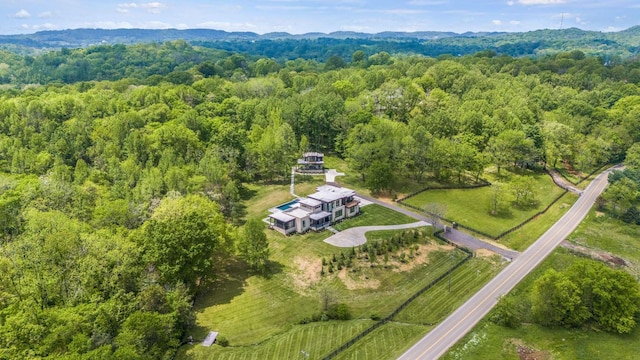 birds eye view of property featuring a view of trees and a mountain view