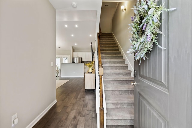 411 Barbaro Ct, Burns, TN 37029 - stairway featuring baseboards, recessed lighting, and wood finished floors