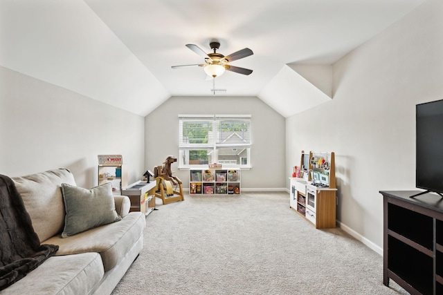 411 Barbaro Ct, Burns, TN 37029 - rec room featuring vaulted ceiling, baseboards, carpet, and a ceiling fan