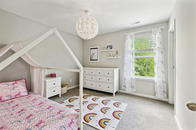 411 Barbaro Ct, Burns, TN 37029 - bedroom with visible vents, baseboards, carpet floors, and a notable chandelier