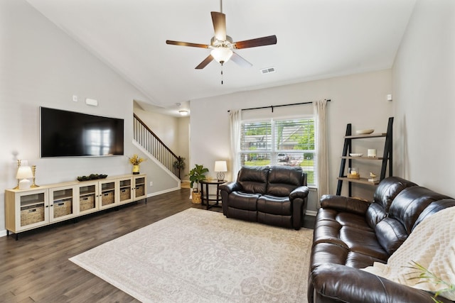 411 Barbaro Ct, Burns, TN 37029 - living room with ceiling fan, visible vents, wood finished floors, lofted ceiling, and stairs