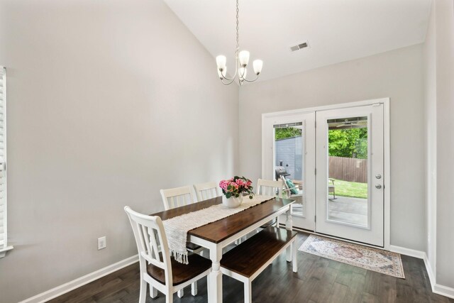 411 Barbaro Ct, Burns, TN 37029 - dining area featuring visible vents, a notable chandelier, baseboards, dark wood-style floors, and lofted ceiling
