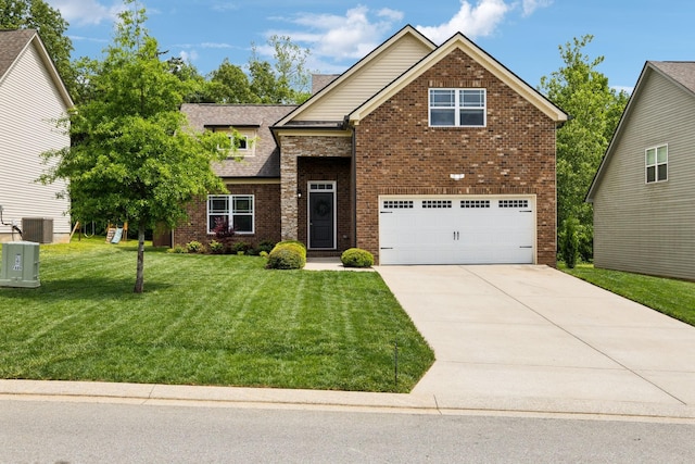 411 Barbaro Ct, Burns, TN 37029 - view of front of home with driveway, central AC unit, brick siding, a front lawn, and an attached garage
