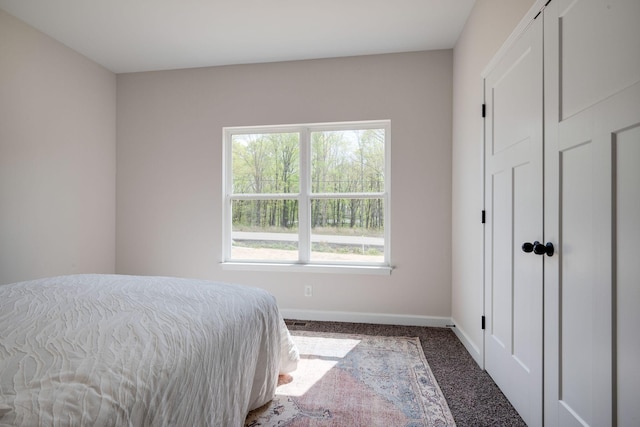 carpeted bedroom featuring baseboards and multiple windows