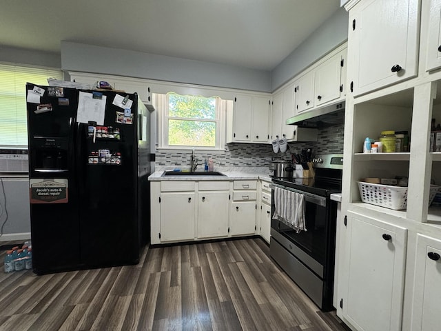 kitchen featuring stainless steel electric range, a sink, black refrigerator with ice dispenser, white cabinetry, and under cabinet range hood